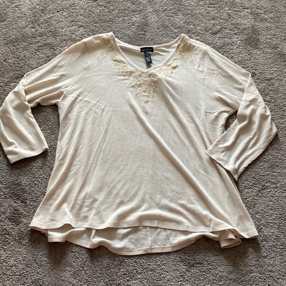 Karen Brooks Cream Embroidered V-Neck 3/4 Sleeve Tunic Top SIZE 3X